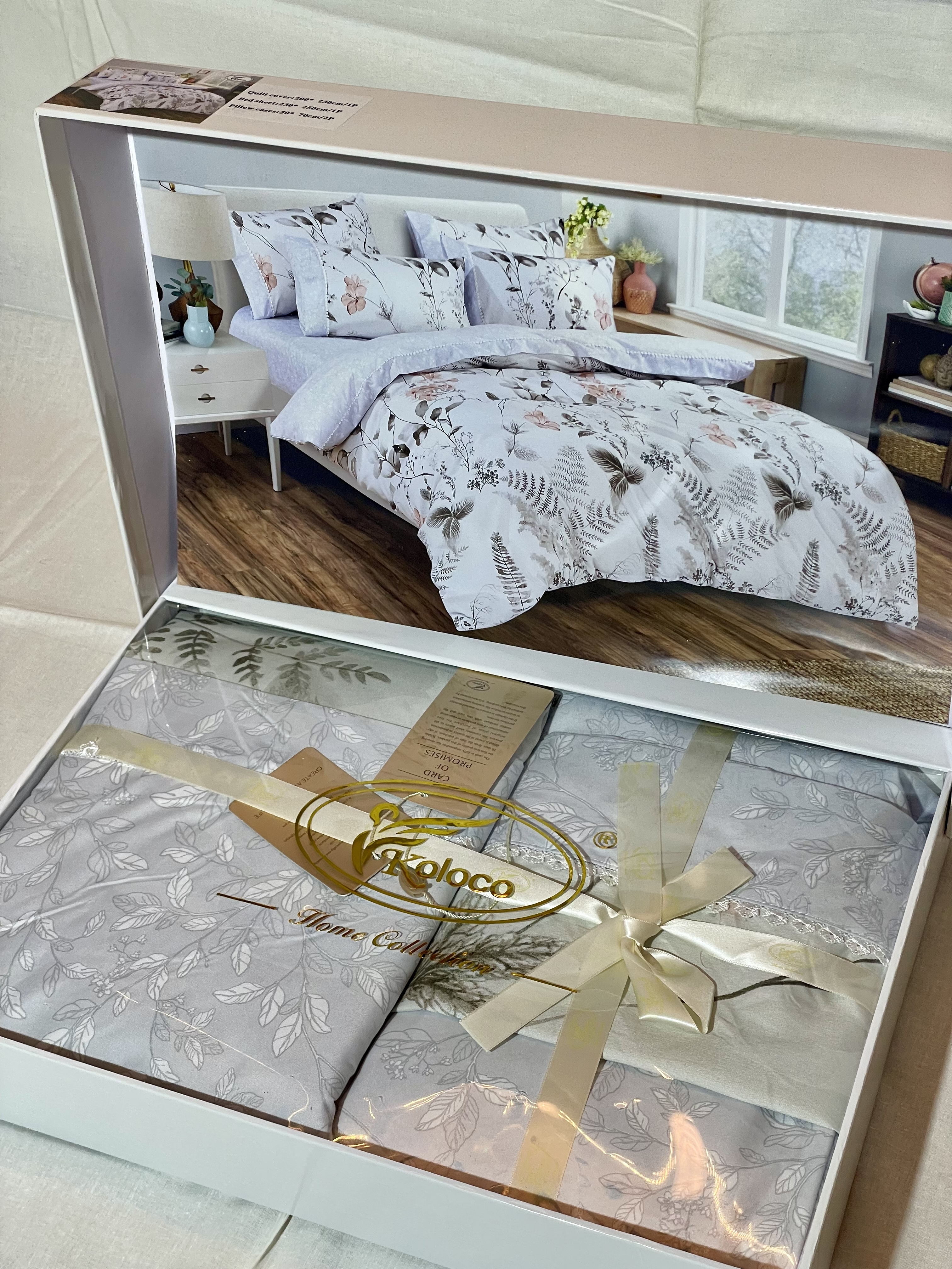 Подарунковий комплект постільної білизни Koloco "Блакитний Лист" (Сатин, Євро розмір)