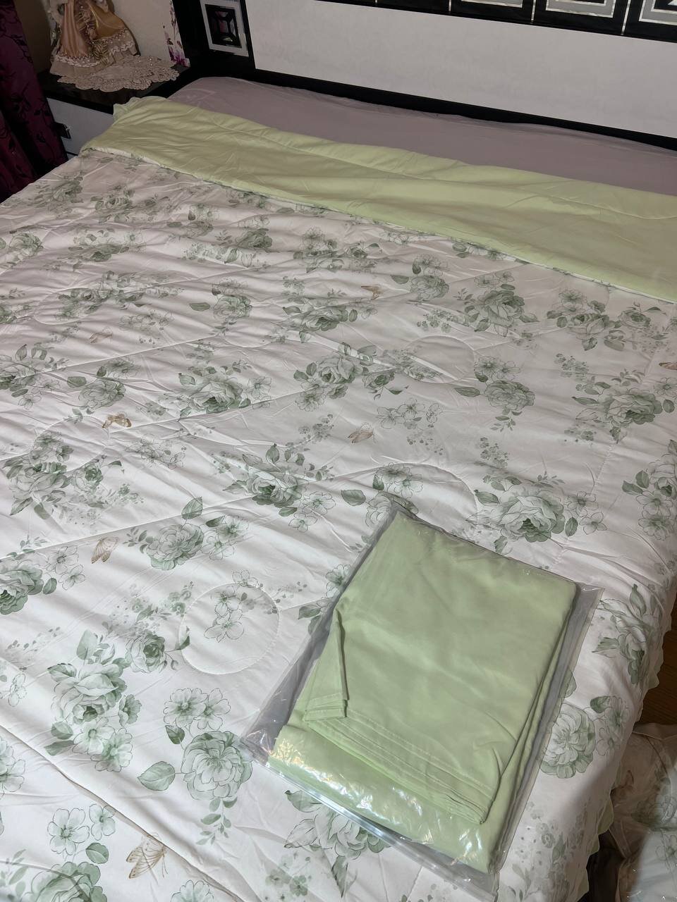 Комплект постільної білизни "Koloco" з літнім стьобаним покривалом "Зелена Олива" (Євро)